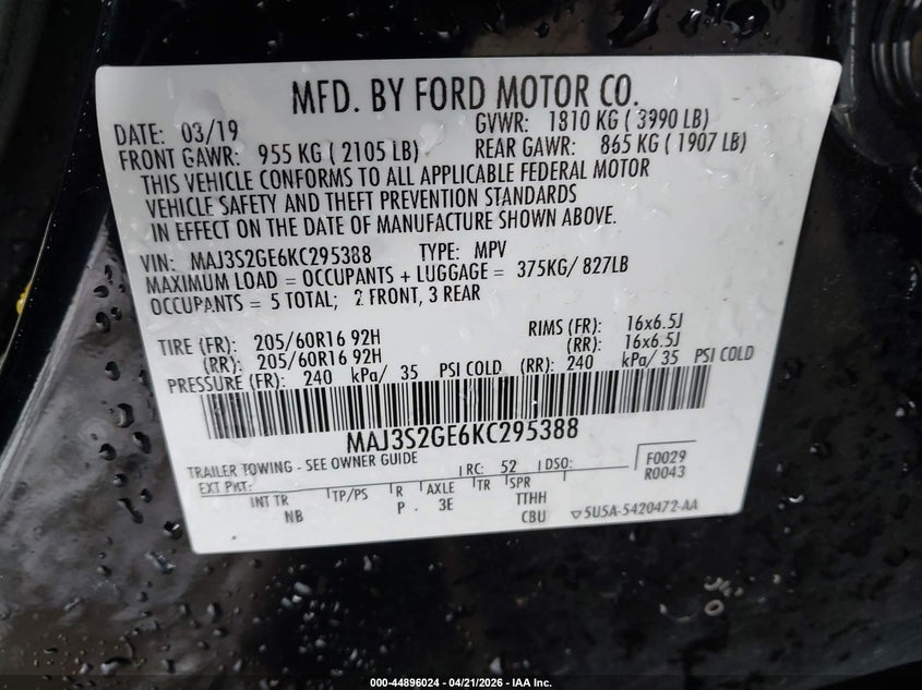 2019 Ford Ecosport VIN MAJ3S2GE6KC295388 IAAI salvage auction — FRONT END, Salvage (Texas), sold $925 on 2026-07-14 (photo 9)