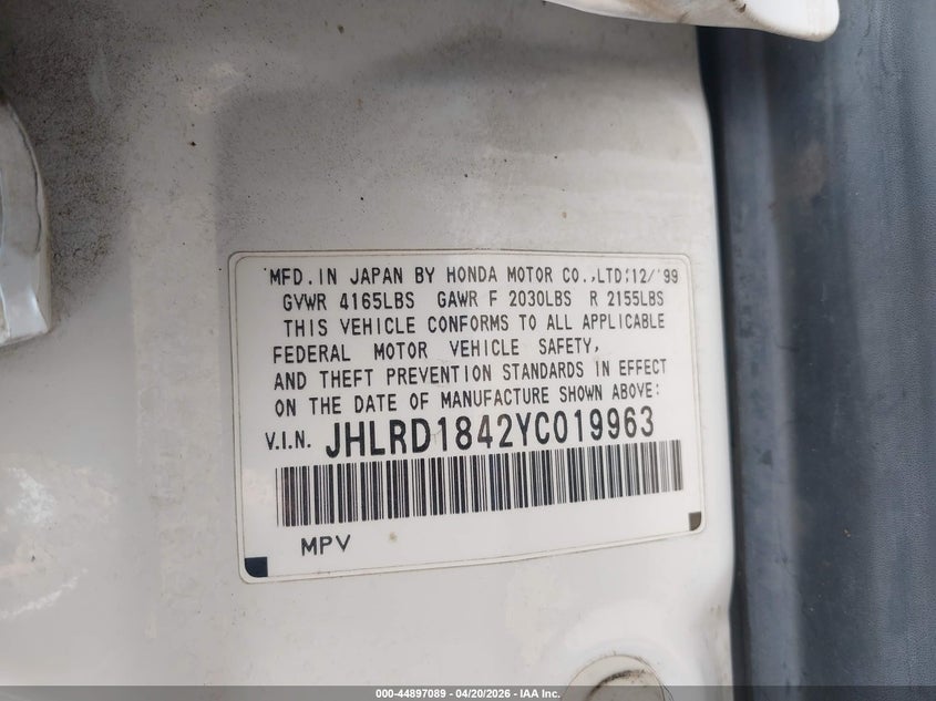 2000 Honda Cr-v VIN JHLRD1842YC019963 IAAI salvage auction — RIGHT SIDE, Salvage (Oregon), sold $300 on 2026-07-07 (photo 9)