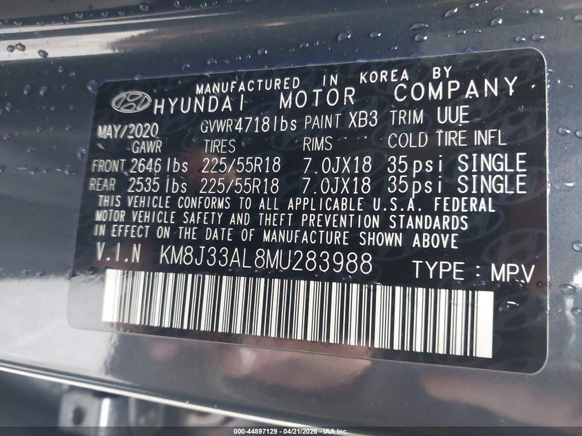 2021 Hyundai Tucson VIN KM8J33AL8MU283988 IAAI salvage auction — LEFT SIDE, Salvage (Louisiana), sold $5,850 on 2026-07-21 (photo 9)
