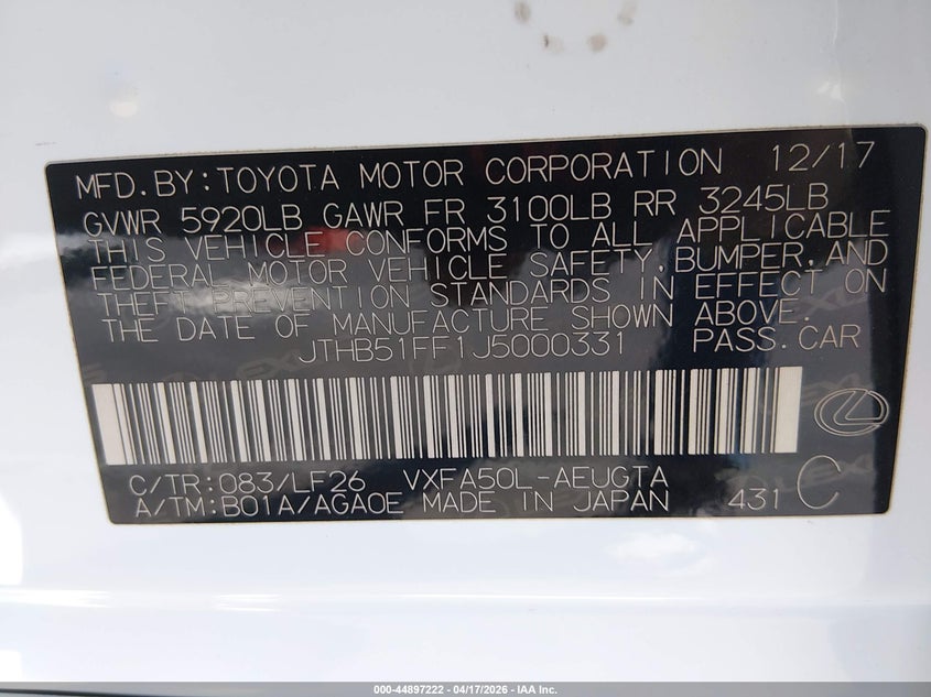 2018 Lexus Ls VIN JTHB51FF1J5000331 IAAI salvage auction — FRONT END, Salvage Title, sold $16,400 on 2026-07-10 (photo 9)
