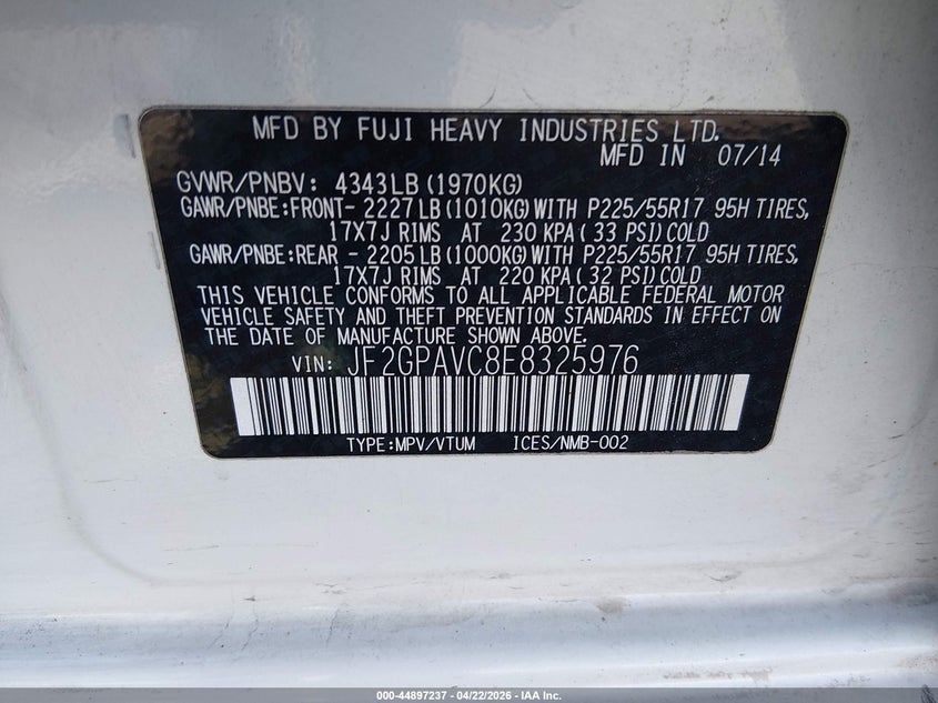 2014 Subaru Xv VIN JF2GPAVC8E8325976 IAAI salvage auction — FRONT END, Salvage (Nevada), sold $675 on 2026-07-10 (photo 9)