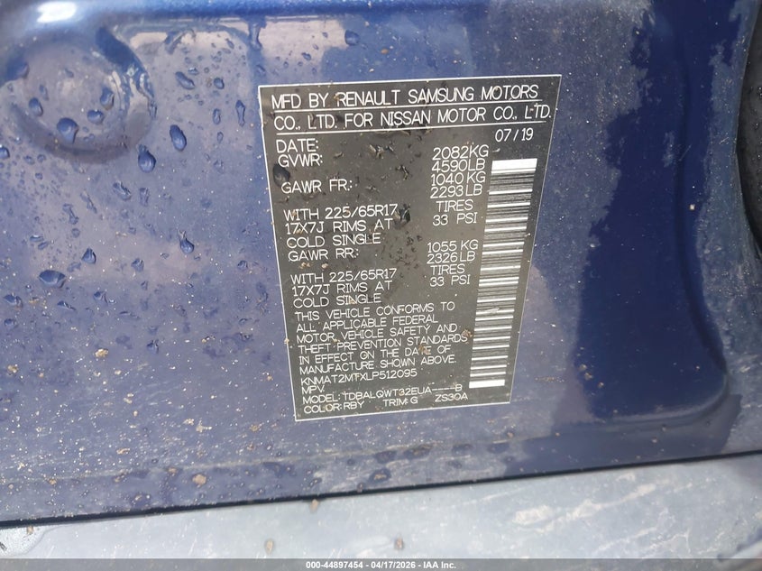 2020 Nissan Rogue VIN KNMAT2MTXLP512095 IAAI salvage auction — FRONT END, Salvage Title, sold $400 on 2026-07-08 (photo 9)
