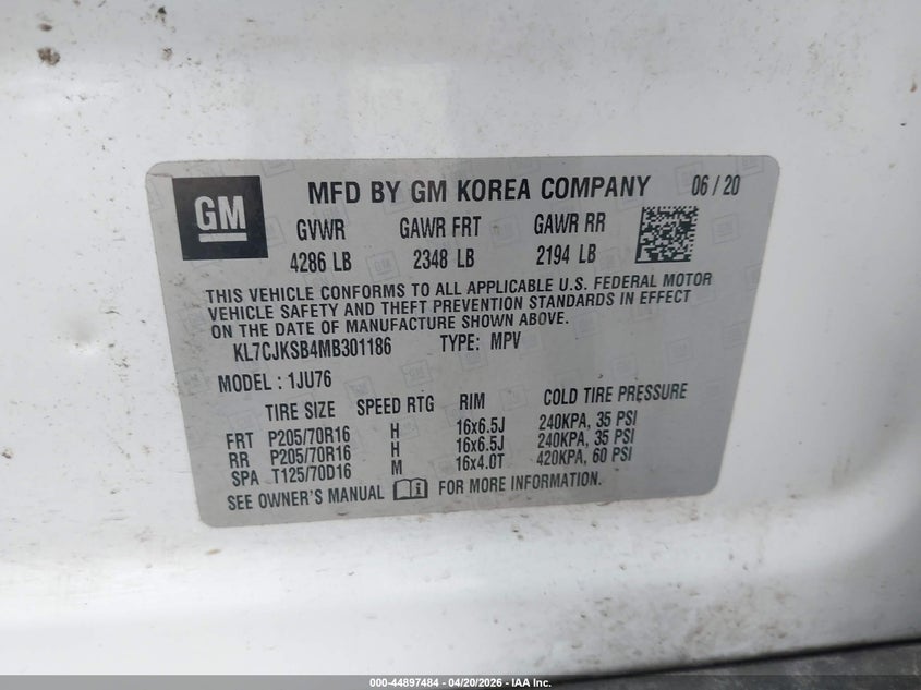 2021 Chevrolet Trax VIN KL7CJKSB4MB301186 IAAI salvage auction — RIGHT FRONT, Original (Texas), sold $1,225 on 2026-07-22 (photo 9)