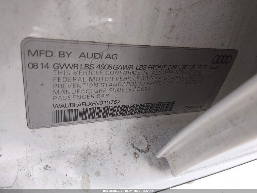 2015 Audi A4 VIN WAUBFAFLXFN010767 IAAI salvage auction — RIGHT FRONT, Salvage (Massachusetts), sold $1,550 on 2026-07-14 (photo 9)