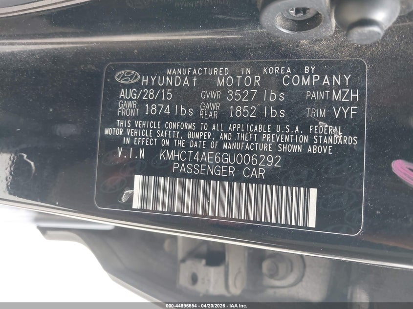 2016 Hyundai Accent VIN KMHCT4AE6GU006292 IAAI salvage auction — FRONT END, Salvage (Texas), sold $250 on 2026-07-24 (photo 9)