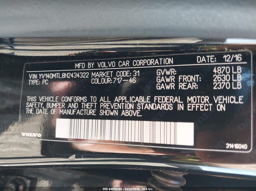 2017 Volvo S60 VIN YV140MTL8H2434322 IAAI salvage auction — FRONT END, Salvage (Alabama), sold $550 on 2026-07-21 (photo 9)