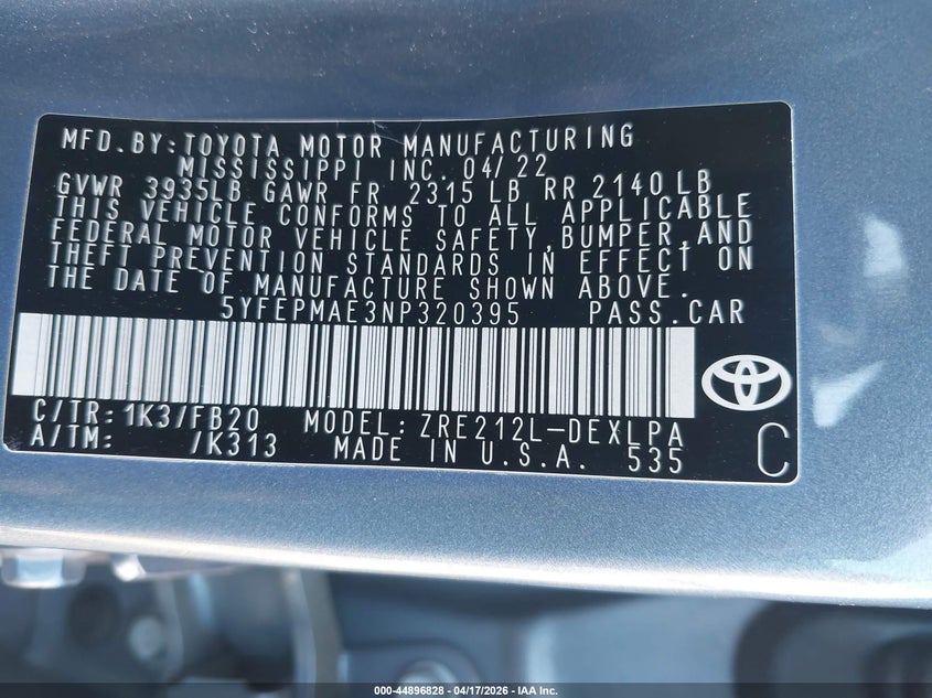 2022 Toyota Corolla VIN 5YFEPMAE3NP320395 IAAI salvage auction — REAR END, Wait Title, sold $4,050 on 2026-07-07 (photo 9)