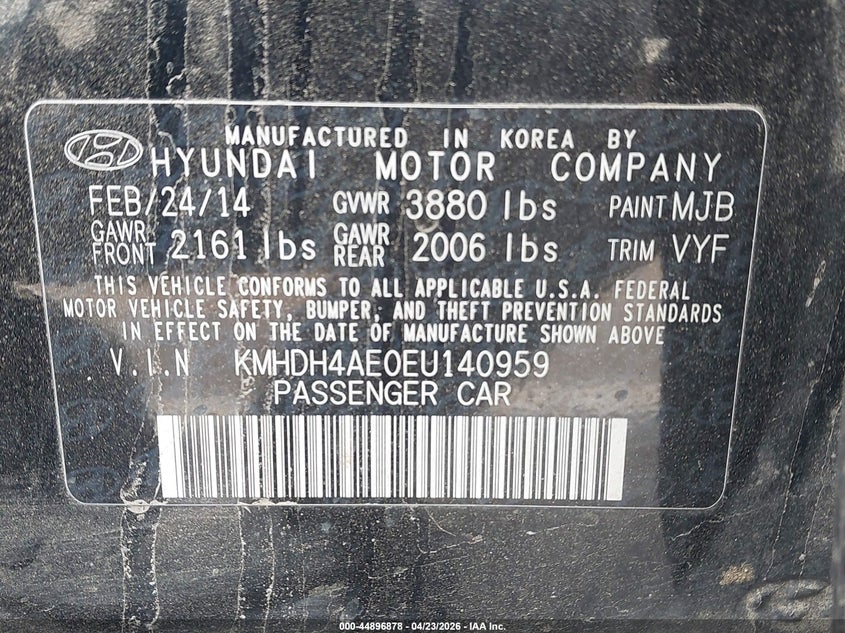 2014 Hyundai Elantra VIN KMHDH4AE0EU140959 IAAI salvage auction — LEFT SIDE, Salvage (Tennessee), sold $750 on 2026-07-16 (photo 9)