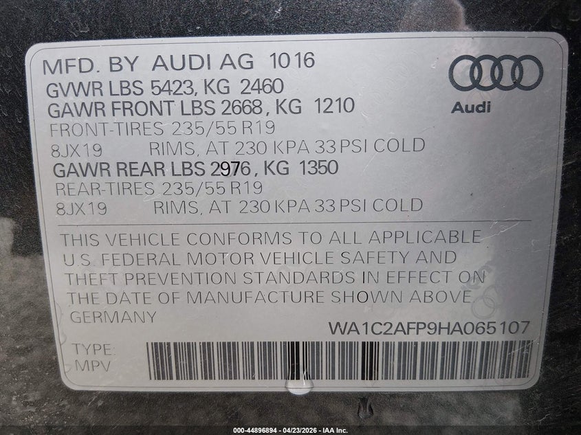2017 Audi Q5 VIN WA1C2AFP9HA065107 IAAI salvage auction — REAR END, Salvage (Oregon), sold $3,850 on 2026-07-27 (photo 9)