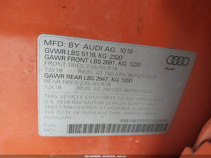 2020 Audi Q3 VIN WA1AECF31L1029606 IAAI salvage auction — FRONT END, Original (Texas), sold $4,850 on 2026-07-15 (photo 9)