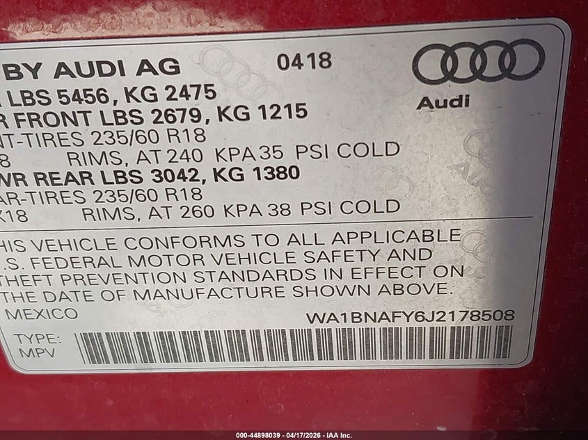 2018 Audi Q5 VIN WA1BNAFY6J2178508 IAAI salvage auction — FRONT END, Wait Title, sold $5,900 on 2026-07-15 (photo 9)