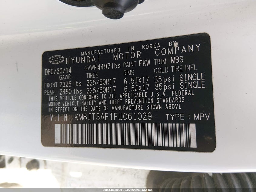 2015 Hyundai Tucson VIN KM8JT3AF1FU061029 IAAI salvage auction — FRONT END, Salvage (Idaho), sold $1,350 on 2026-07-28 (photo 9)