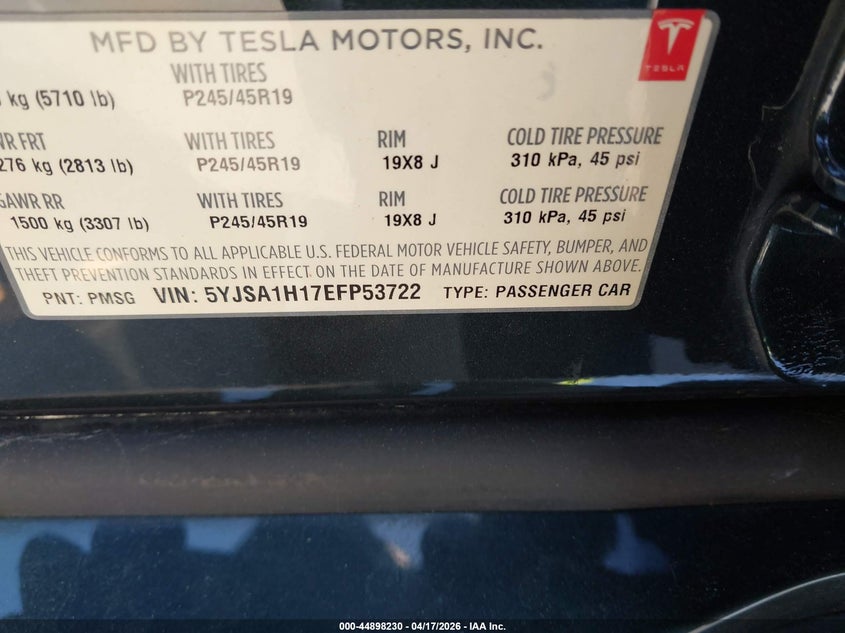 2014 Tesla Model s VIN 5YJSA1H17EFP53722 IAAI salvage auction — FRONT END, Wait Title, sold $1,800 on 2026-07-13 (photo 9)