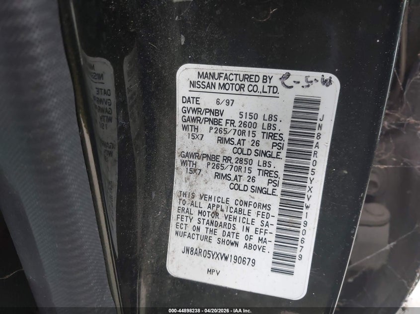 1997 Nissan Pathfinder VIN JN8AR05YXVW190679 IAAI salvage auction — NORMAL WEAR, Salvage (California), sold $350 on 2026-07-09 (photo 9)