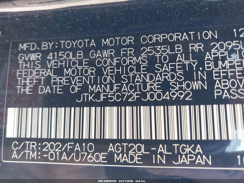 2015 Scion Tc VIN JTKJF5C72FJ004992 IAAI salvage auction — FRONT END, Wait Title, sold $550 on 2026-09-06 (photo 9)