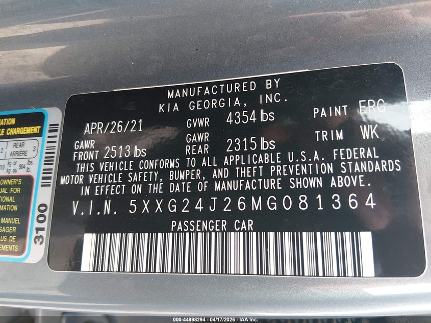 2021 Kia K5 VIN 5XXG24J26MG081364 IAAI salvage auction — FRONT & REAR, Salvage (Illinois), sold $1,100 on 2026-07-29 (photo 9)