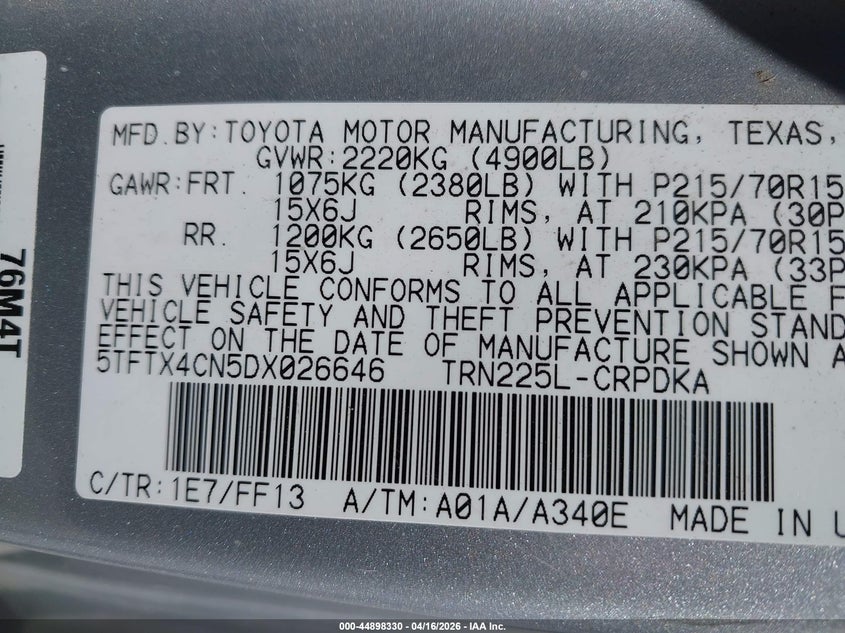 2013 Toyota Tacoma VIN 5TFTX4CN5DX026646 IAAI salvage auction — FRONT END, Wait Title, sold $3,925 on 2026-07-13 (photo 9)