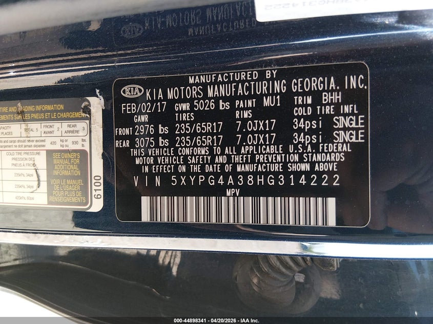 2017 Kia Sorento VIN 5XYPG4A38HG314222 IAAI salvage auction — REAR END, Salvage (Arizona), sold $2,050 on 2026-07-29 (photo 9)