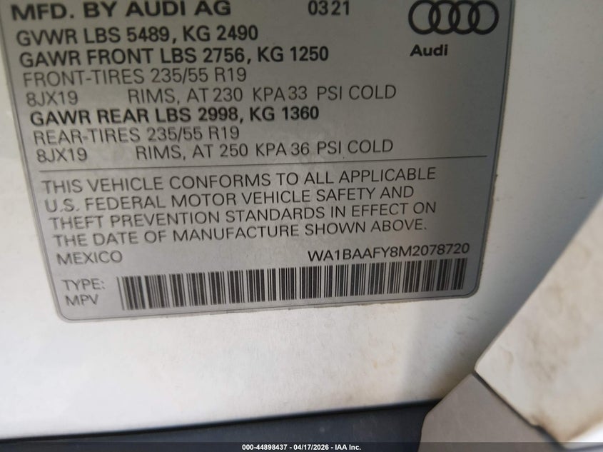 2021 Audi Q5 VIN WA1BAAFY8M2078720 IAAI salvage auction — FRONT & REAR, Wait Title, sold $9,700 on 2026-07-22 (photo 9)