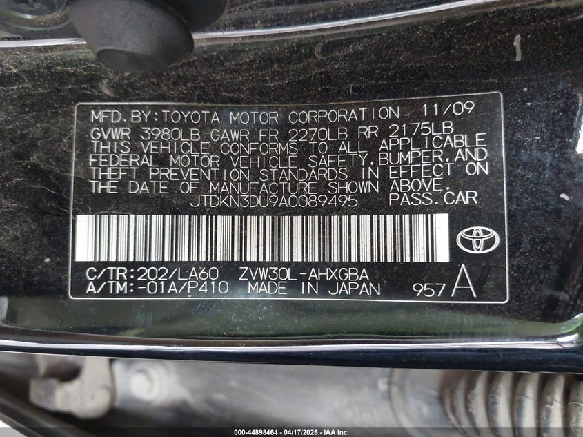 2010 Toyota Prius VIN JTDKN3DU9A0089495 IAAI salvage auction — REAR END, Salvage (Missouri), sold $1,050 on 2026-07-31 (photo 9)