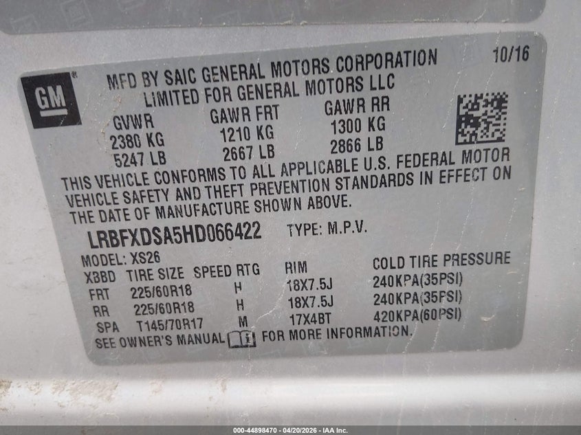 2017 Buick Envision VIN LRBFXDSA5HD066422 IAAI salvage auction — RIGHT FRONT, Salvage (Vermont), sold $225 on 2026-07-23 (photo 9)