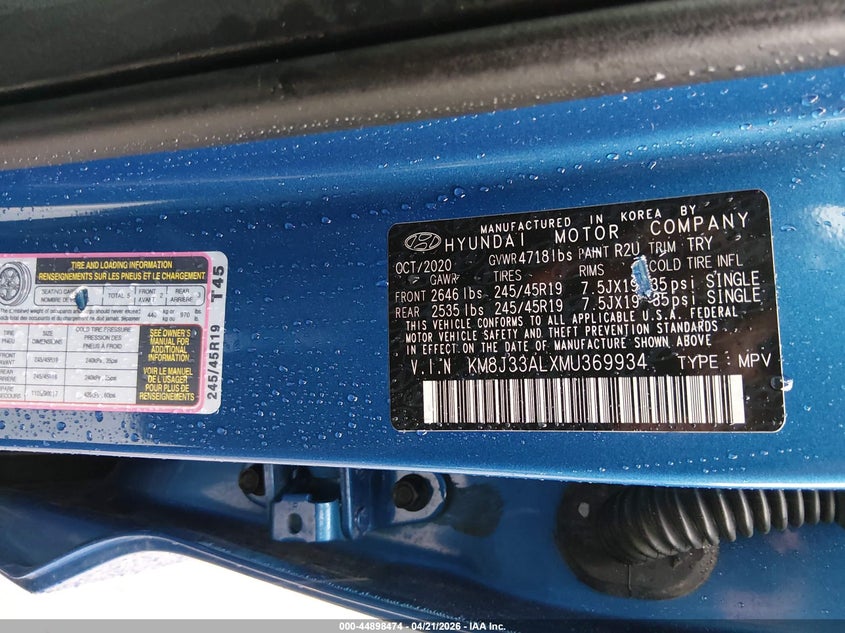 2021 Hyundai Tucson VIN KM8J33ALXMU369934 IAAI salvage auction — RIGHT FRONT, Original (Texas), sold $6,500 on 2026-07-15 (photo 9)