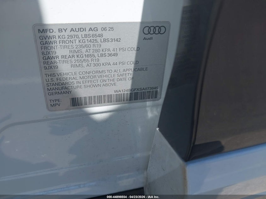 2025 Audi Q6 VIN WA124BGFXSA073645 IAAI salvage auction — FRONT END, Salvage Title, sold $22,150 on 2026-07-15 (photo 9)
