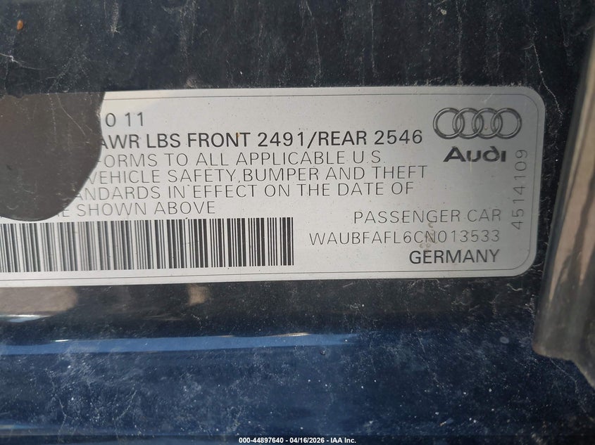 2012 Audi A4 VIN WAUBFAFL6CN013533 IAAI salvage auction — SIDE, Salvage (Texas), sold $275 on 2026-07-13 (photo 9)