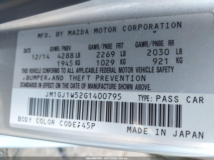 2016 Mazda 6 VIN JM1GJ1W52G1400795 IAAI salvage auction — NORMAL WEAR, Clear (Virginia), sold $2,650 on 2026-07-07 (photo 9)