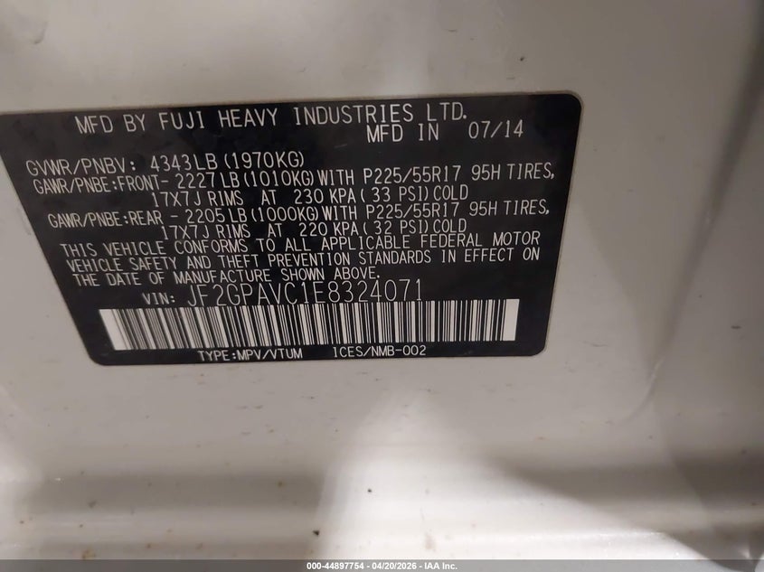 2014 Subaru VIN JF2GPAVC1E8324071 IAAI salvage auction — HAIL, Salvage Title, sold $4,500 on 2026-07-28 (photo 9)