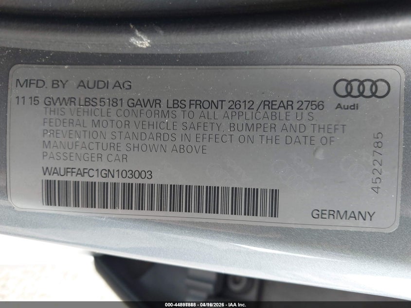 2016 Audi A6 VIN WAUFFAFC1GN103003 IAAI salvage auction — FRONT END, Wait Title, sold $300 on 2026-07-29 (photo 9)