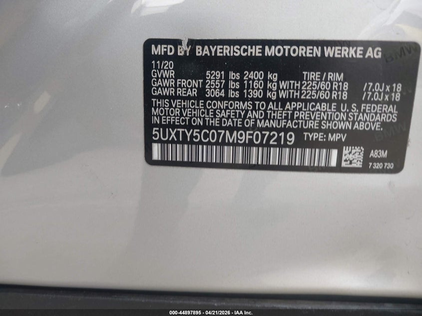 2021 BMW X3 VIN 5UXTY5C07M9F07219 IAAI salvage auction — LEFT SIDE, Salvage Title, sold $10,200 on 2026-07-29 (photo 9)
