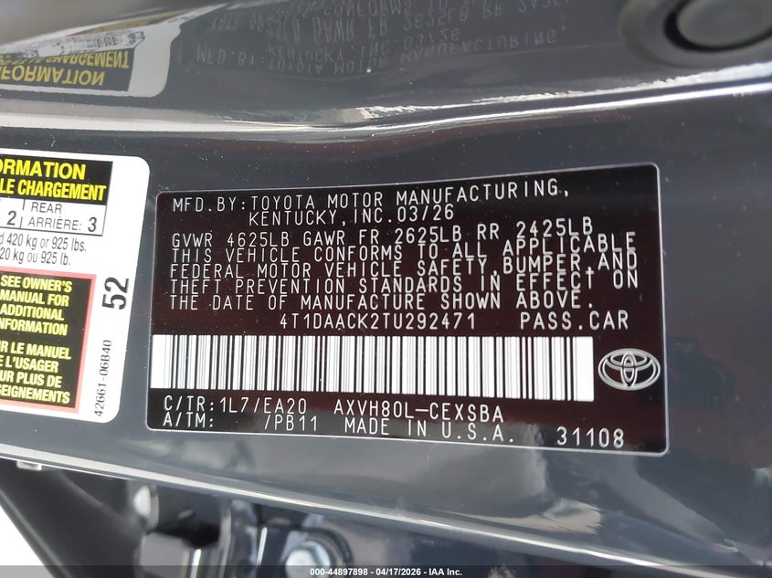 2026 Toyota Camry VIN 4T1DAACK2TU292471 IAAI salvage auction — LEFT FRONT, Wait Title, sold $12,500 on 2026-07-25 (photo 9)