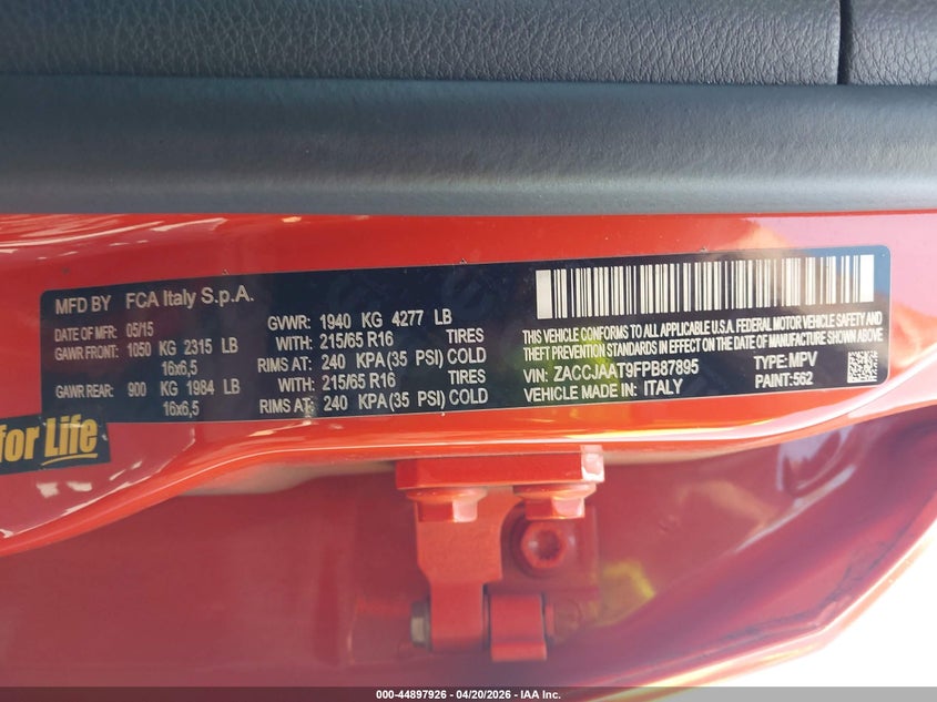 2015 Jeep Renegade VIN ZACCJAAT9FPB87895 IAAI salvage auction — RIGHT REAR, Salvage Title, sold $1,600 on 2026-07-13 (photo 9)