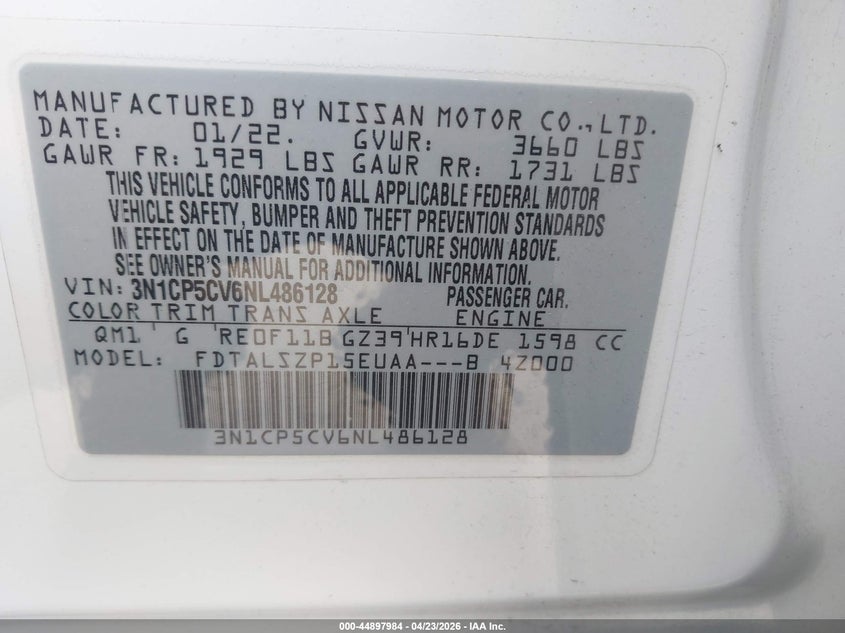 2022 Nissan Kicks VIN 3N1CP5CV6NL486128 IAAI salvage auction — REAR END, Original (Texas), sold $4,150 on 2026-07-21 (photo 9)