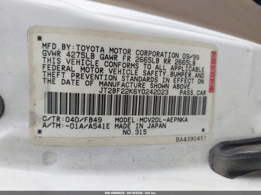 2000 Toyota Camry VIN JT2BF22K6Y0242023 IAAI salvage auction — FRONT END, Salvage (California), sold $200 on 2026-07-16 (photo 9)