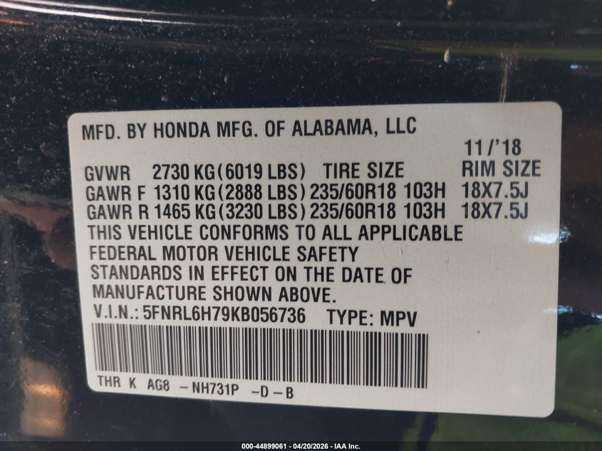 2019 Honda Odyssey VIN 5FNRL6H79KB056736 IAAI salvage auction — LEFT REAR, Salvage Title, sold $25 on 2026-07-29 (photo 9)