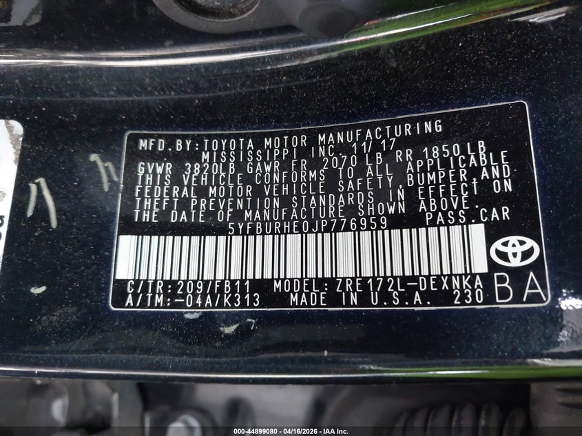 2018 Toyota Corolla VIN 5YFBURHE0JP776959 IAAI salvage auction — FRONT END, Wait Title, sold $325 on 2026-07-23 (photo 9)