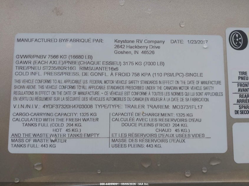 2017 Keystone Other VIN 4YDF37320H4703008 IAAI salvage auction — BIOHAZARD/CHEMICAL, Salvage (Tennessee), sold $11,000 on 2026-09-16 (photo 9)