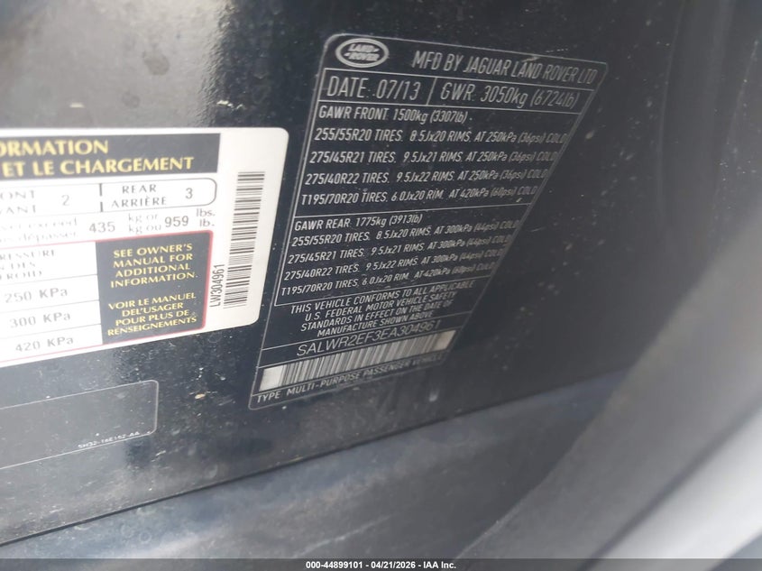 2014 Land rover Range rover sport VIN SALWR2EF3EA304961 IAAI salvage auction — FRONT END, Wait Title, sold $5,200 on 2026-07-11 (photo 9)