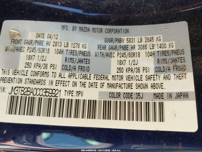 2012 Mazda Cx-9 VIN JM3TB2BA0C0359921 IAAI salvage auction — FRONT END, Salvage Title, sold $500 on 2026-07-15 (photo 9)