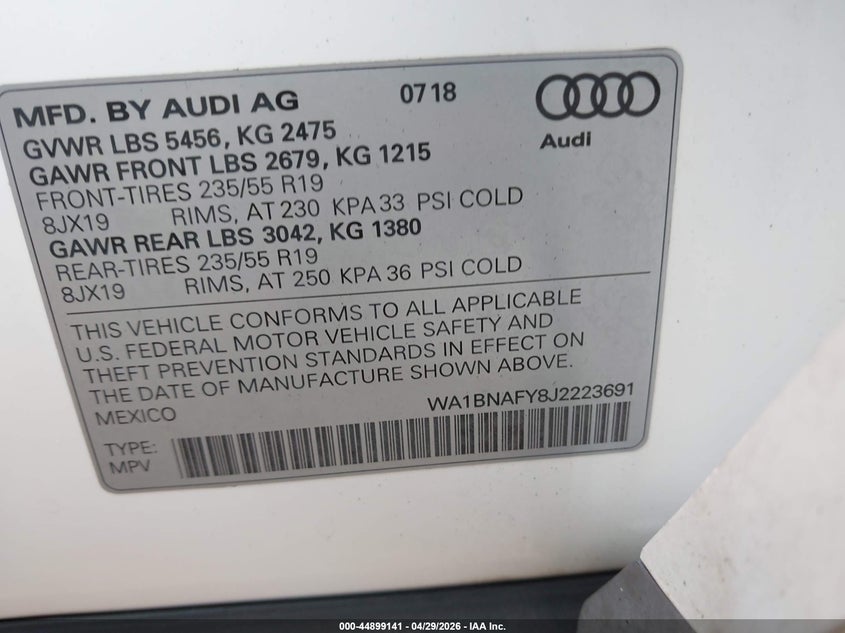2018 Audi Q5 VIN WA1BNAFY8J2223691 IAAI salvage auction — LEFT FRONT, Salvage (Massachusetts), sold $2,850 on 2026-07-21 (photo 9)