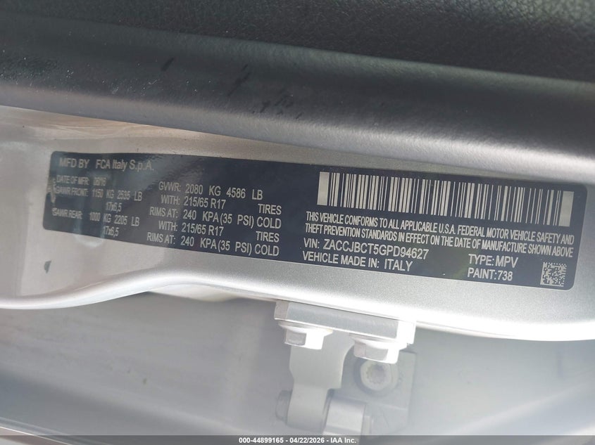 2016 Jeep Renegade VIN ZACCJBCT5GPD94627 IAAI salvage auction — SIDE, Salvage (Montana), sold $4,150 on 2026-07-08 (photo 9)