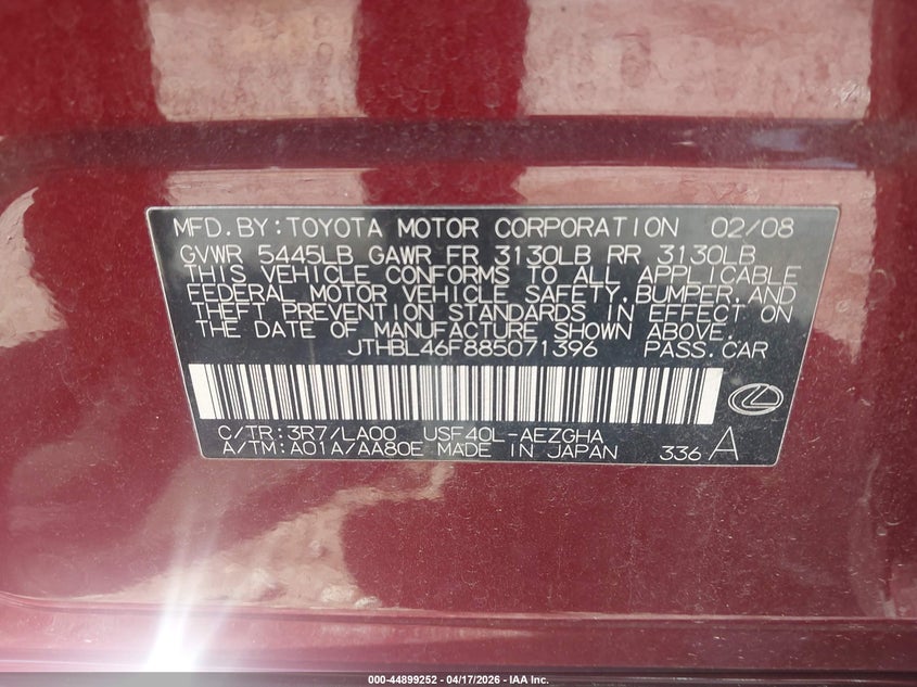 2008 Lexus Ls 460 VIN JTHBL46F885071396 IAAI salvage auction — FRONT END, Salvage (Georgia), sold $1,450 on 2026-07-10 (photo 9)