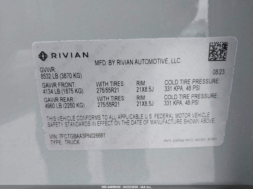 2023 Rivian R1t VIN 7FCTGBAA3PN026661 IAAI salvage auction — LEFT FRONT, Wait Title, sold $15,750 on 2026-07-09 (photo 9)
