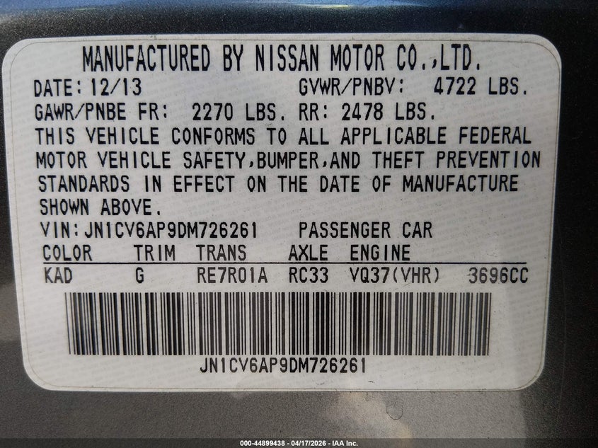2013 Infiniti G VIN JN1CV6AP9DM726261 IAAI salvage auction — LEFT SIDE, Salvage (Nevada), sold $2,500 on 2026-07-31 (photo 9)