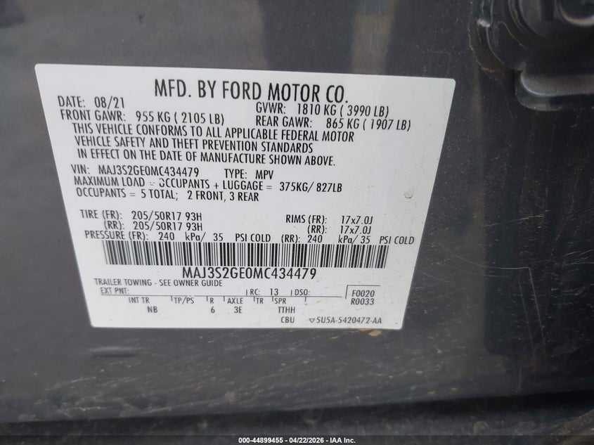 2021 Ford Ecosport VIN MAJ3S2GE0MC434479 IAAI salvage auction — FRONT END, Mv-907A (New York), sold $2,000 on 2026-07-14 (photo 9)
