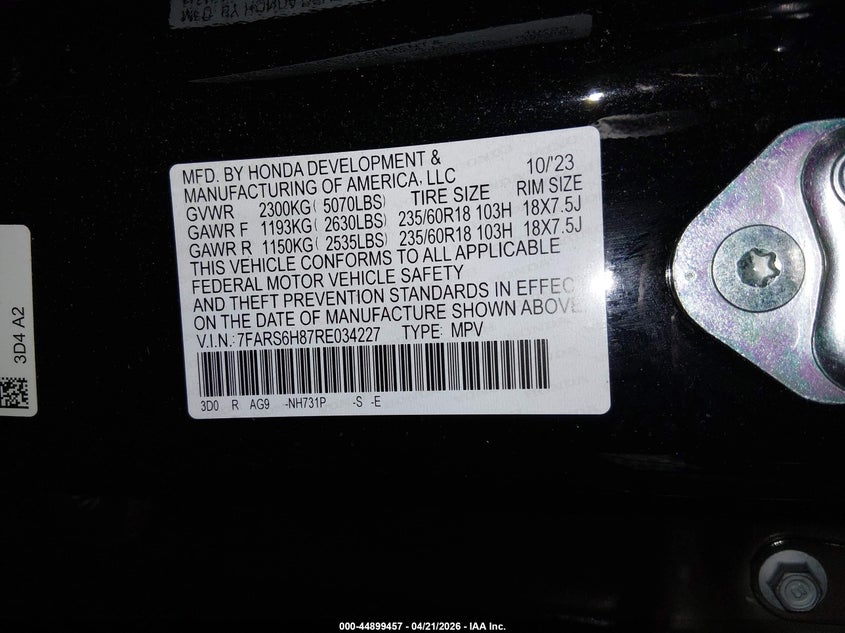 2024 Honda Cr-v VIN 7FARS6H87RE034227 IAAI salvage auction — LEFT SIDE, Salvage Title, sold $12,100 on 2026-07-30 (photo 9)