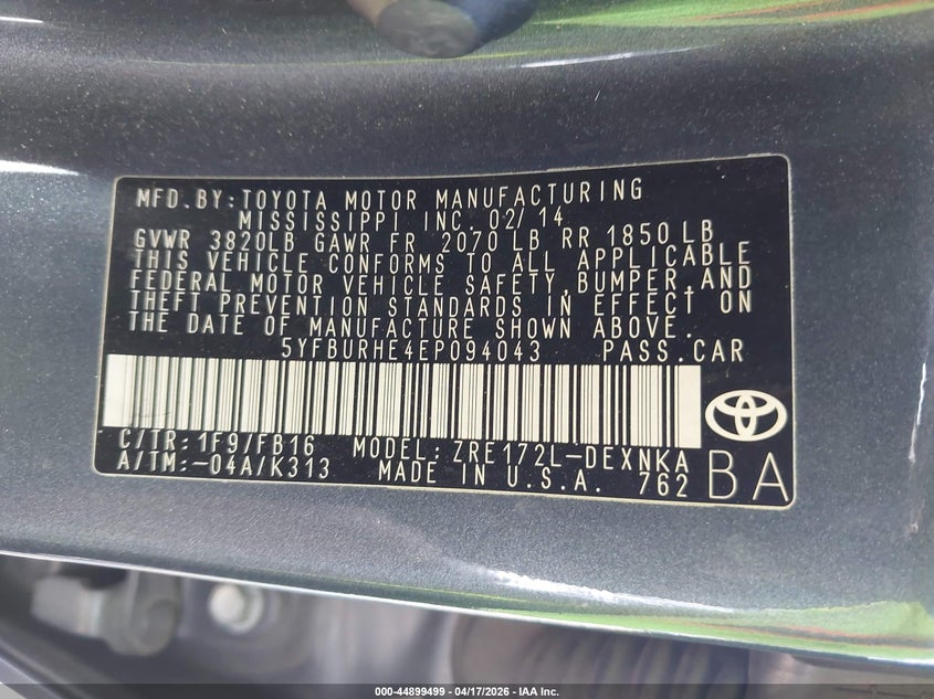 2014 Toyota Corolla VIN 5YFBURHE4EP094043 IAAI salvage auction — FRONT END, Salvage (California), sold $900 on 2026-07-14 (photo 9)