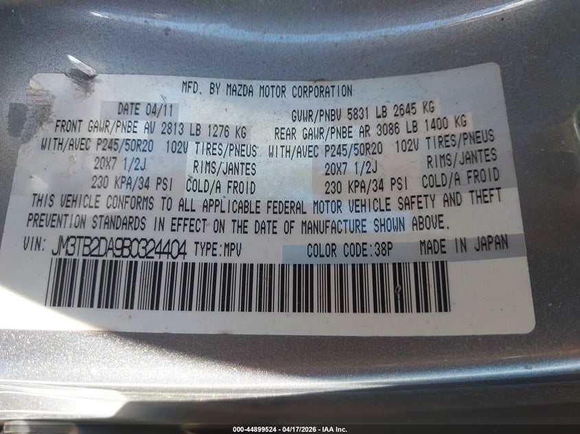 2011 Mazda Cx-9 VIN JM3TB2DA9B0324404 IAAI salvage auction — RIGHT SIDE, Salvage (Ohio), sold $575 on 2026-07-14 (photo 9)